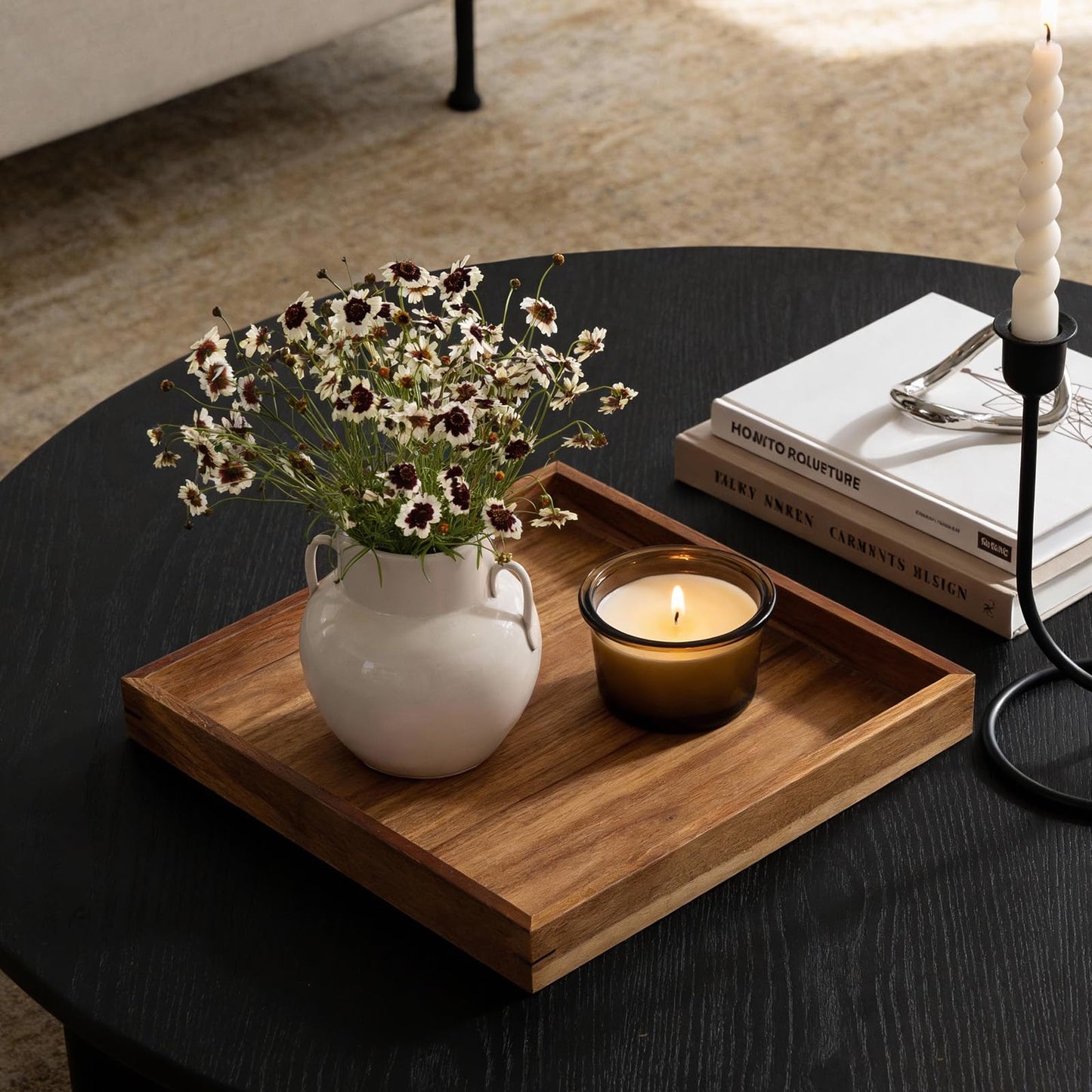 Acacia Wood Serving Tray,13"*13" Square Ottoman, Coffee Table Tray, Farmhouse Decorative Tray for Living Room, Kitchen, Bedroom