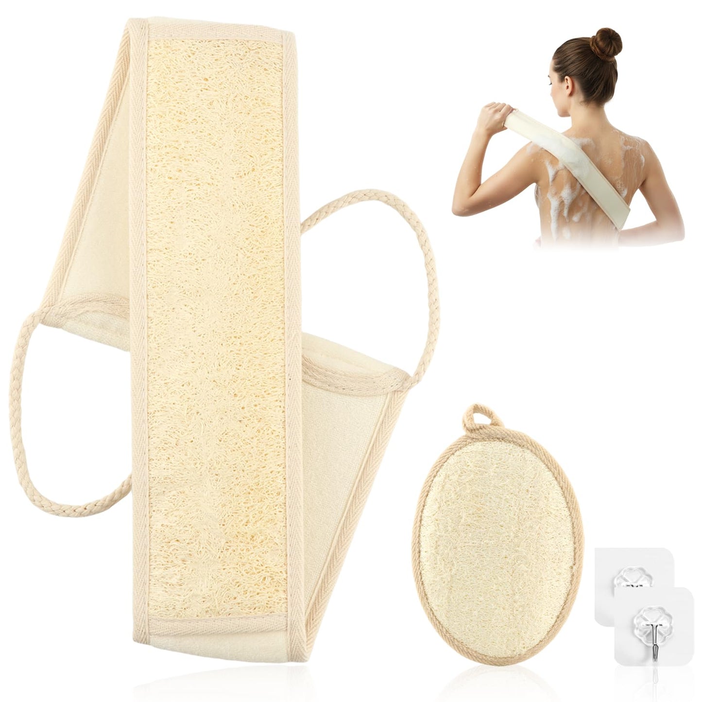 Natural Loofah Shower Back Scrubber Set, luffa Exfoliating Bath Strap, Back exfoliator for Shower, Textured Body Scrubber for Men and Women, with Hooks