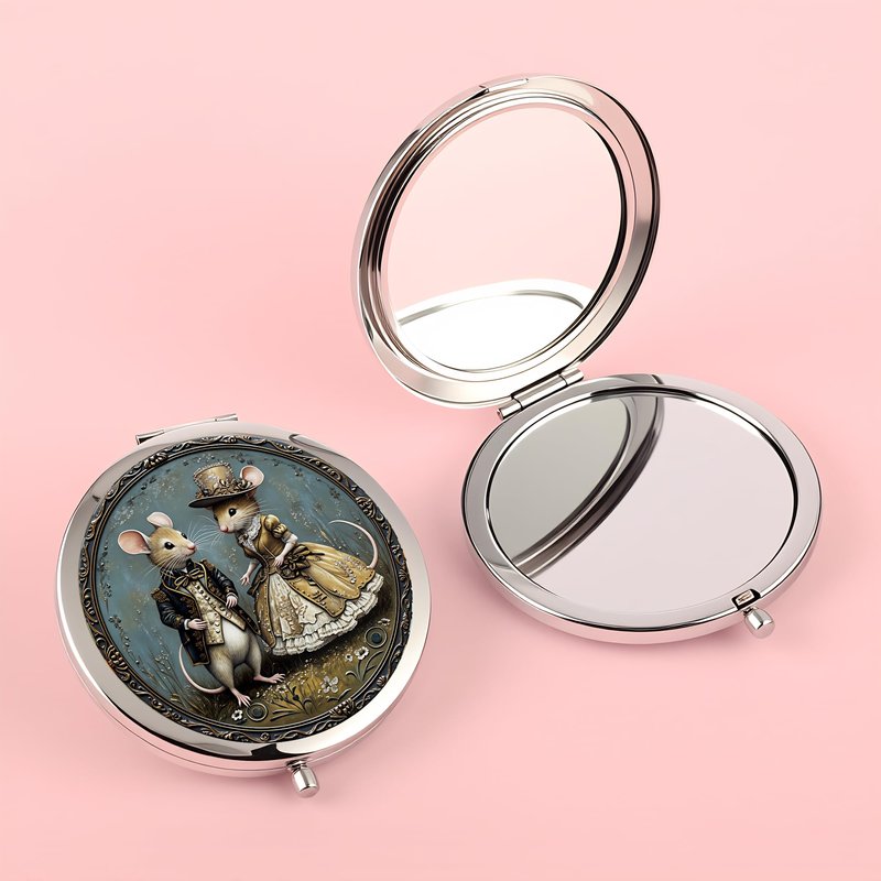 Silver Compact Mirror, 2.8x2.8inch Double-Sided Folding Makeup Mirror with Victorian Gentleman Mice Design, Ideal Gift for Women