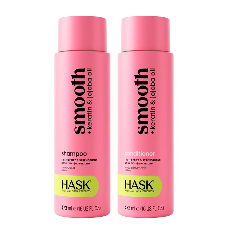 HASK Keratin Smoothing Shampoo & Conditioner Set | Defrizzes Unruly Hair, Softens, Detangles, Adds Shine | Sulfate Free, Silicone Free, Cruelty Free, Color Safe | 16oz each