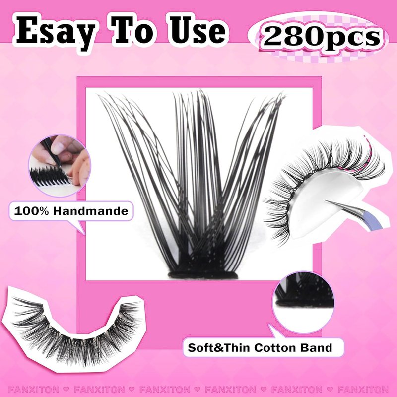 FANXITON Eyelash Extension Kit - 280 Thick Volume Lash Clusters 40D/50D D Curvature with Bond & Tweezers