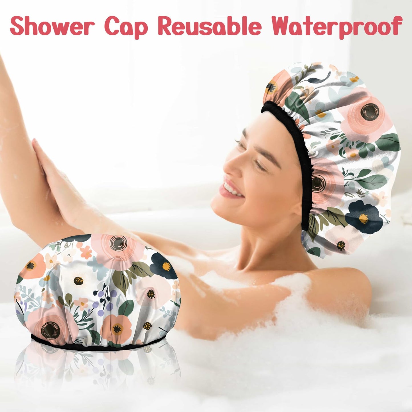 Deokke Luxury Shower Cap Terry Lined Elastic Triple Layer Waterproof Reusable Dry Hair Bathing Caps Aesthetic Cute for Women Girls-Flower