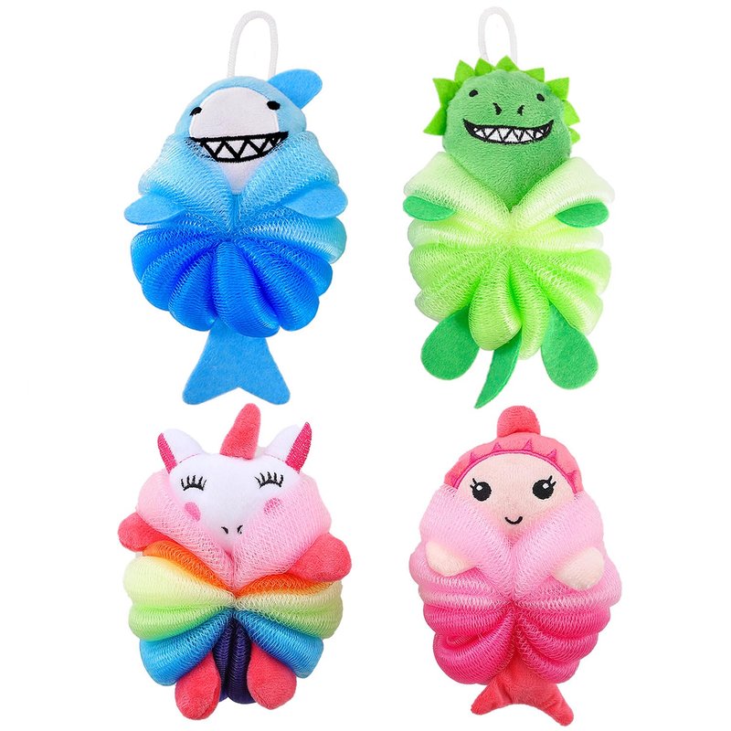 RAMFIYN 4 Pack Fun Bubble Bath Kid Loofahs, Cute Animal Loofah Bath Sponge, Shower Puffs Body Scrubber, Cute Sponges