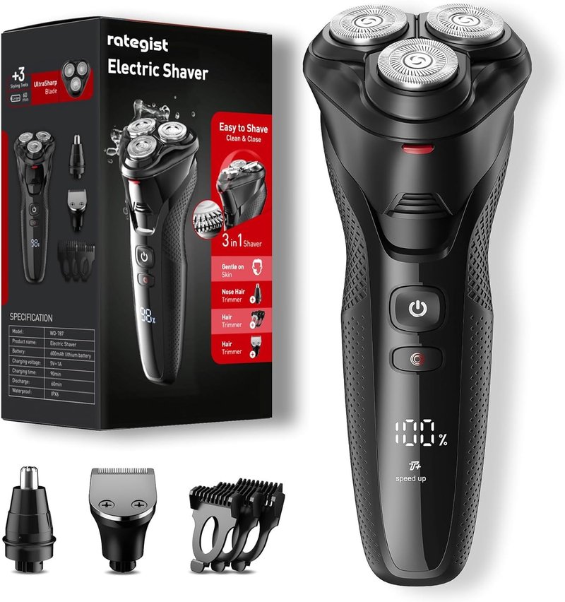 rategist 3-in-1 Electric Razor for Men: One Touch Acceleration, IPX7 Waterproof Razors for Men, USB-C Rechargeable Electric Shavers for Men - 4D Floating Blades, Wet or Dry (Black)