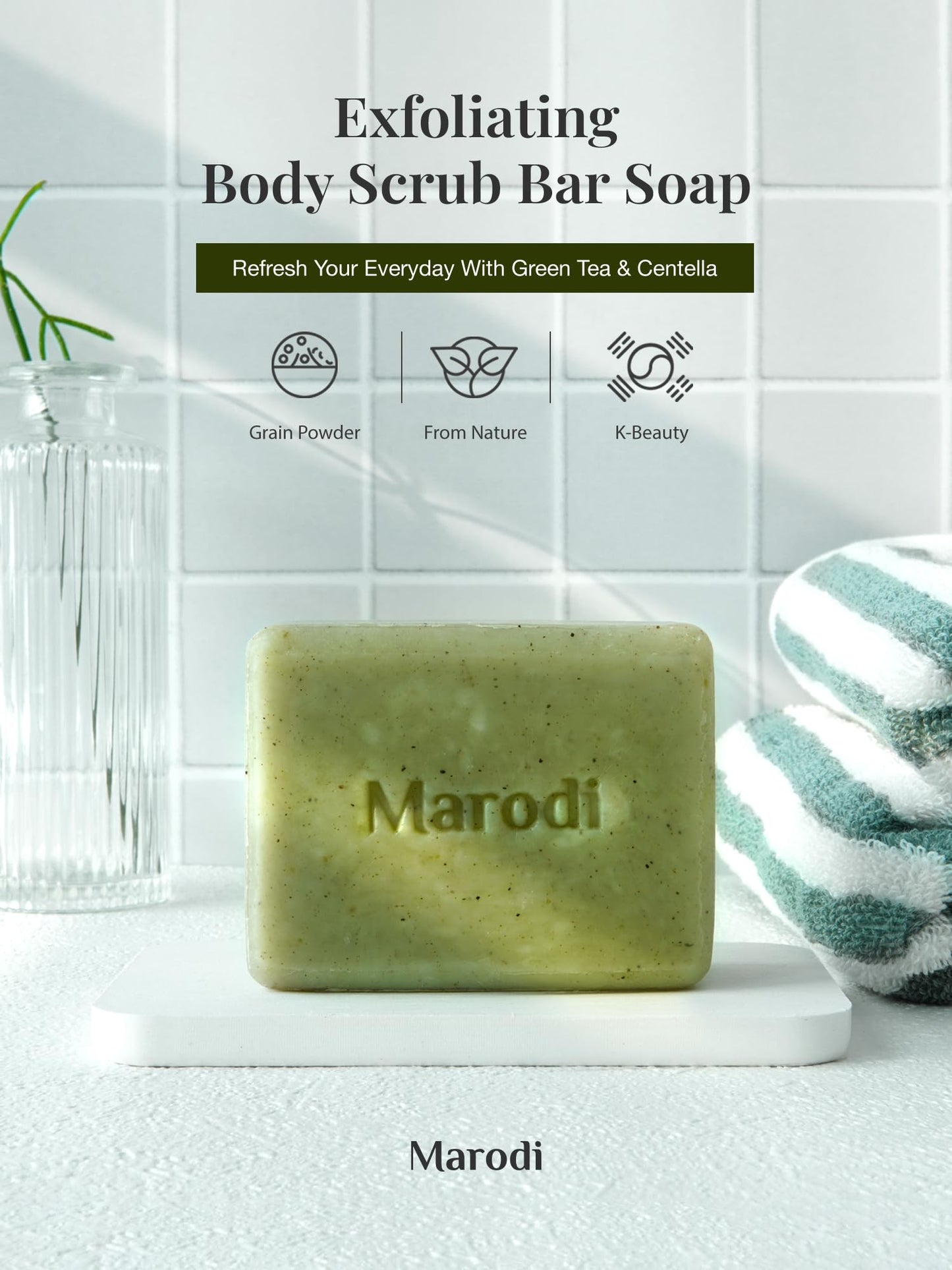 Marodi Body Scrub Bar Soap, 7 Oz (200g), Korean Exfoliating Body Wash Bar with Green Tea & Centella Extract, Subtle Fruity Citrus Scent, Deep Cleaning, Moisturizing & Refreshing, Sunrise Mist