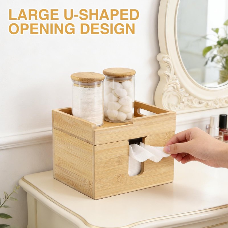 InnJoey Bamboo Disposable Face Towel Holder with 2 Glass Jars - Open-Top Skincare Organizer for Facial Cleansing Wipes & Beauty Essentials - Bathroom Countertop Vanity Organizer