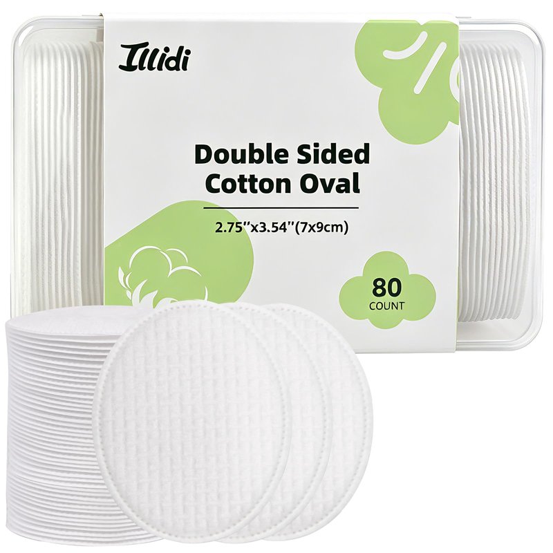 ILLIDI Large Oval Cotton Pads, Multi-Layer, Dual-Sided, for Makeup Removal, Cleansing, and Toner Application, 80 Count