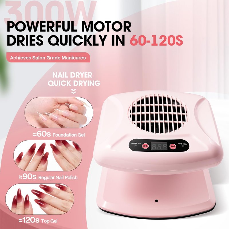 Nail Dryer for Regular Polish,LXIANGN 300W Timing Warm Cool Wind Air Nail Drying Fan with Auto Sensor,Professional Nail Fan Blow Dryer for Manicure Salon and Daily Home Use (Pink)