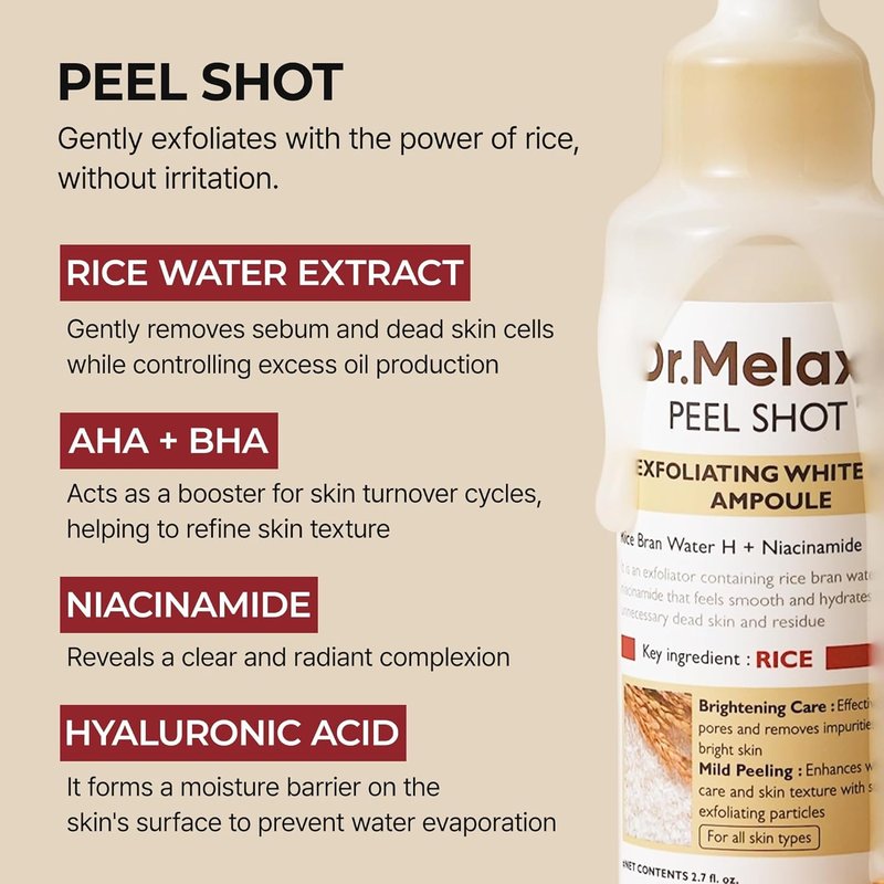 Dr. Melaxin Glow White Rice Peeling Ampoule - Brightening Exfoliating Serum with AHA/BHA, Niacinamide & Hyaluronic Acid | 2.71 fl. oz