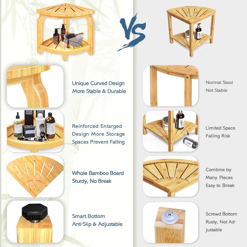 Bamboo Corner Shower Stool - Waterproof Bath Bench Seat with Storage Shelf | Holds Up to 450 lbs