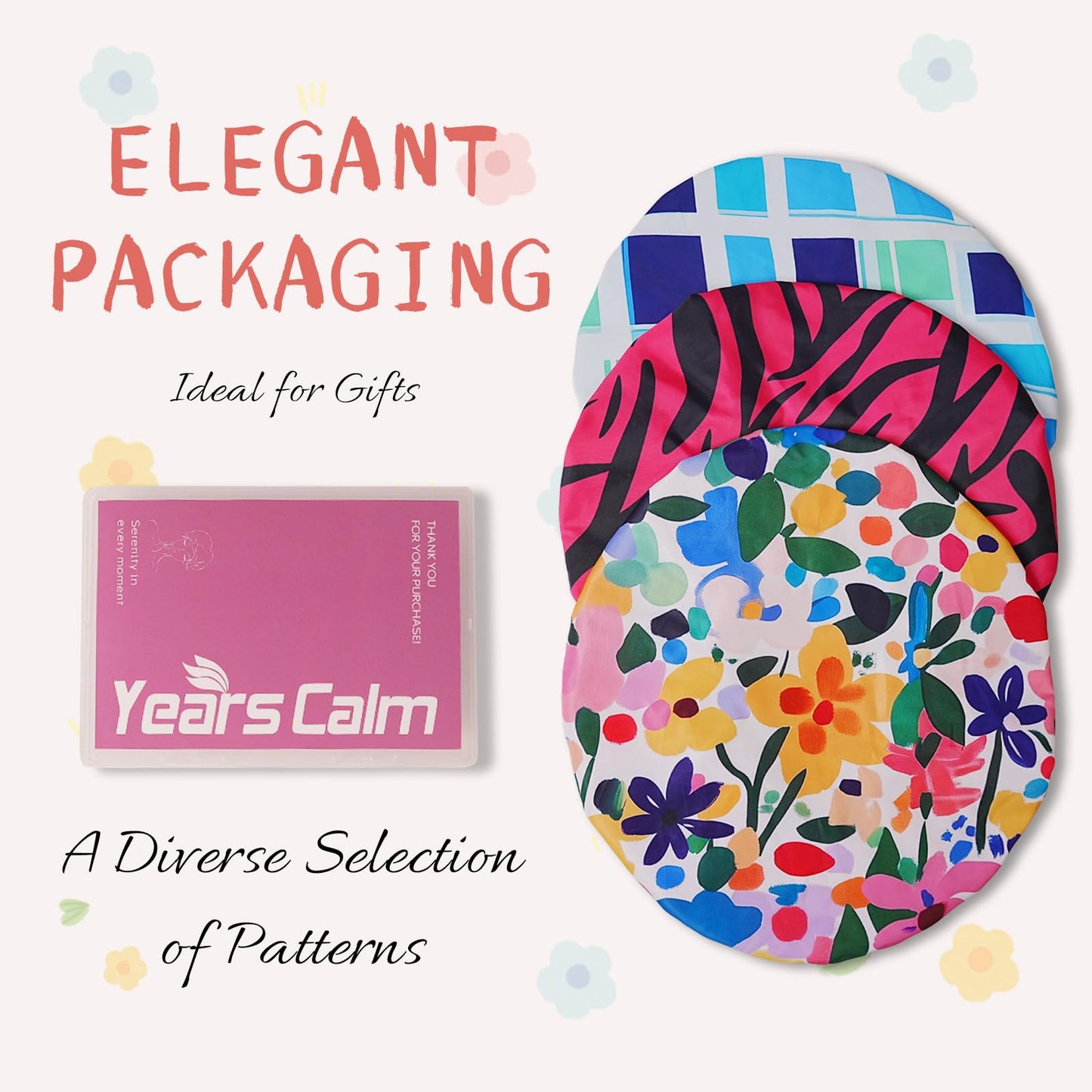 Years Calm Shower Caps for Women Reusable Waterproof, Double-Layer Extra Large Elastic Hair Cap for Shower for Long Hair & Braids, Travel & Home