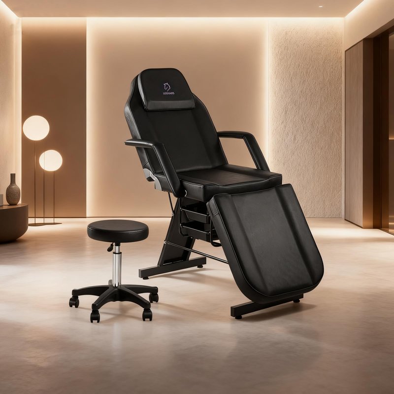 LUXMARS Facial Chair, 73 Tattoo Chair for Client, 3-Section Adjustable Massage Table with Stool, Multipurpose Beauty Beds Salon Equipment for Esthetician, Tattoo Shop, Spa (Black)
