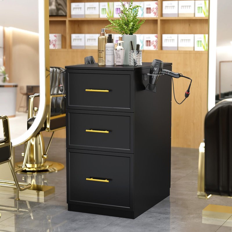 OmySalon Salon Stations for Hair Stylist, Double-Sided Barber Station with 6 Drawers & 2 Dryer Holders, Modern Hair Styling Cabinet for Beauty Salon Barbershop, Black