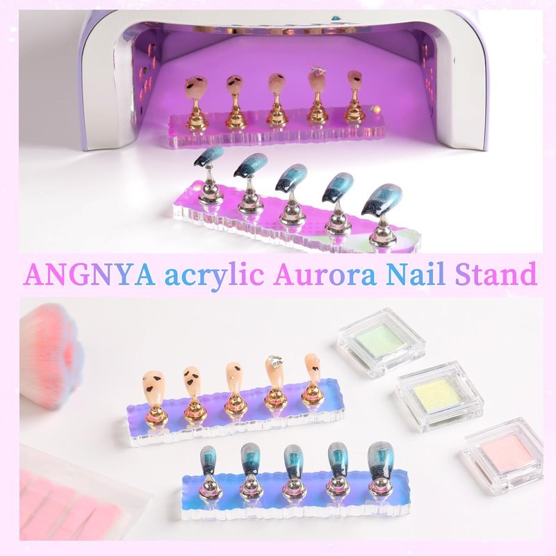 ANGNYA 2 Set Nail Stand, Aurora Nail Holder for Painting Nail Stand for Press on with 96 Pcs Removable Mounting Tapes Nail Display Stand Nail Hand Practice Magnetic Nail Art Tools for Homes and Salons