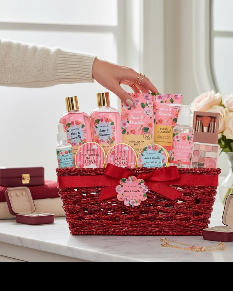 Bath and Body Gift Basket Set Mothers Day, 16 Pcs Luxury Rose & Vanilla Scent Spa Gift Basket Set for Women, Watermelon Body Scrub, Perfect Bath & Body Gift Set, Home Spa Bath Pamper Gifts Teens