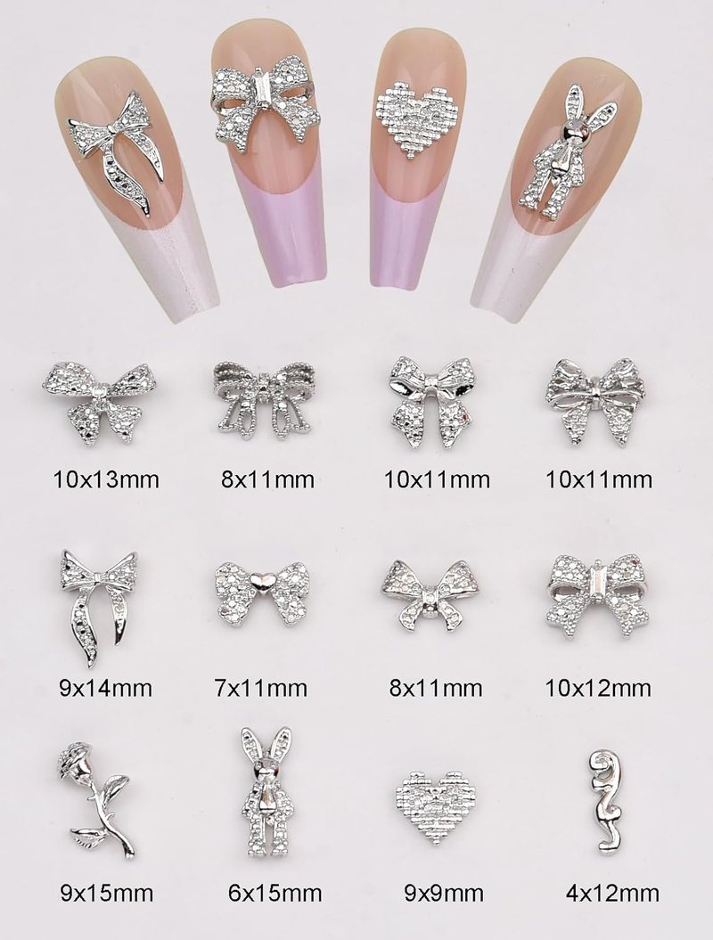 Skiennix 120pcs Nail Charms - 12 Styles of Black Metal 3D Heart & Flower Decorations for Acrylic Nails