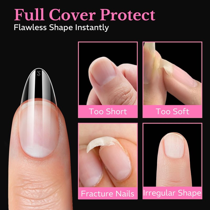 AZUREBEAUTY Medium Almond Nail Tips 600pcs 15 Size, Pre Etched Soft Gel Nail Tips Acrylic Fake Nails Half Matte Full Cover Clear Press On False Nail Extensions for DIY Manicure at Home Nail Art