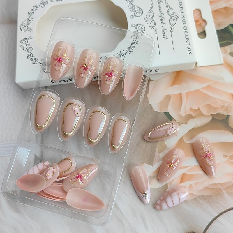 24Pcs Spring Almond Press on Nails Short French Tip Fake Nails with 3D Flower Charms Rhinestones Glue on Nails Flesh Pink False Nails Gold Line Stick on Nails Floral Stiletto Acrylic Nails for Women