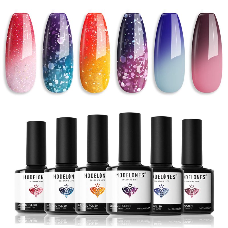 modelones Color Changing Gel Nail Polish Set, 6 Colors 2026 Red Pink Glitter Blue Purple Mood Temperature Change Nail Polish Gel Set Soak Off Nail Art Gel DIY Salon Manicure Gift