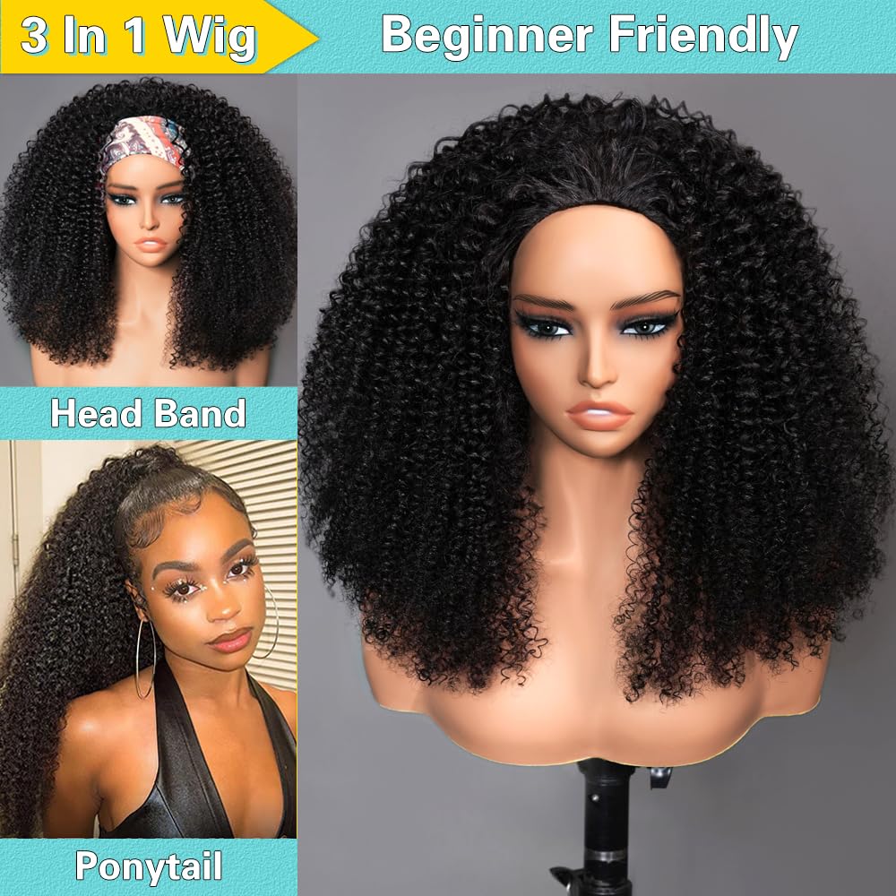 VFFTI Kinky Curly Half Wig Human Hair 200 Density 3 In 1 Drawstring Seamless Flip Half Wigs Wear Go Glueless Wigs Human Hair 18 Inch Curly Half Wig for Women Drawstring Headband Wig Beginner Friendly