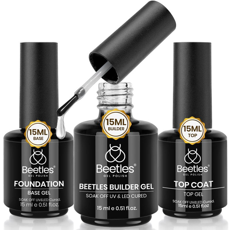 Beetles 3Pcs 15ml Builder Nails Gel with No Wipe Top Coat and Base Coat Set, Nail Extension Strengthening Nail for UV LED Lamp, Soak Off Gel Nail Polish for Nail Art