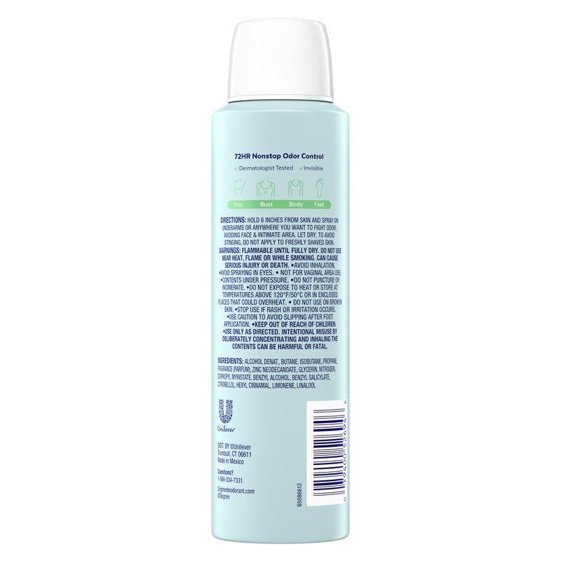 Degree Women Deodorant Spray Cucumber & Melon Scent Aluminum Free 72H Odor Protection 2.9 FO