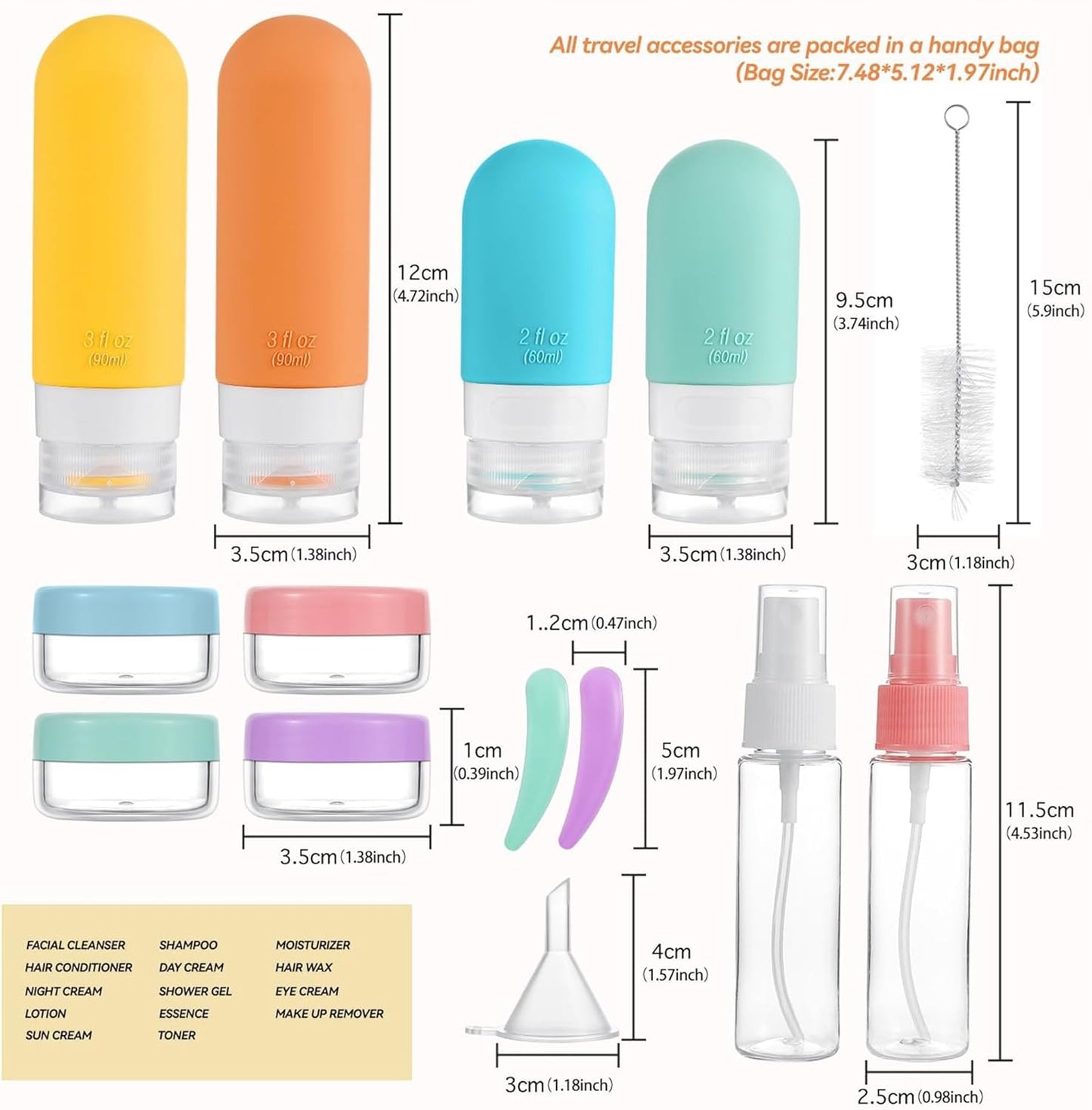 Travel Bottles Kit - TSA Approved Leak Proof Silicone Containers | 16 Pack with Jars, Sprayers & Bag (White)