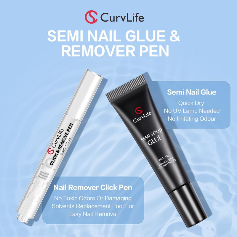 Curvlife 15g Nail Glue Gel - 3-in-1 Press-On Nail Kit | No UV Light Needed, Easy Click & Remove Design