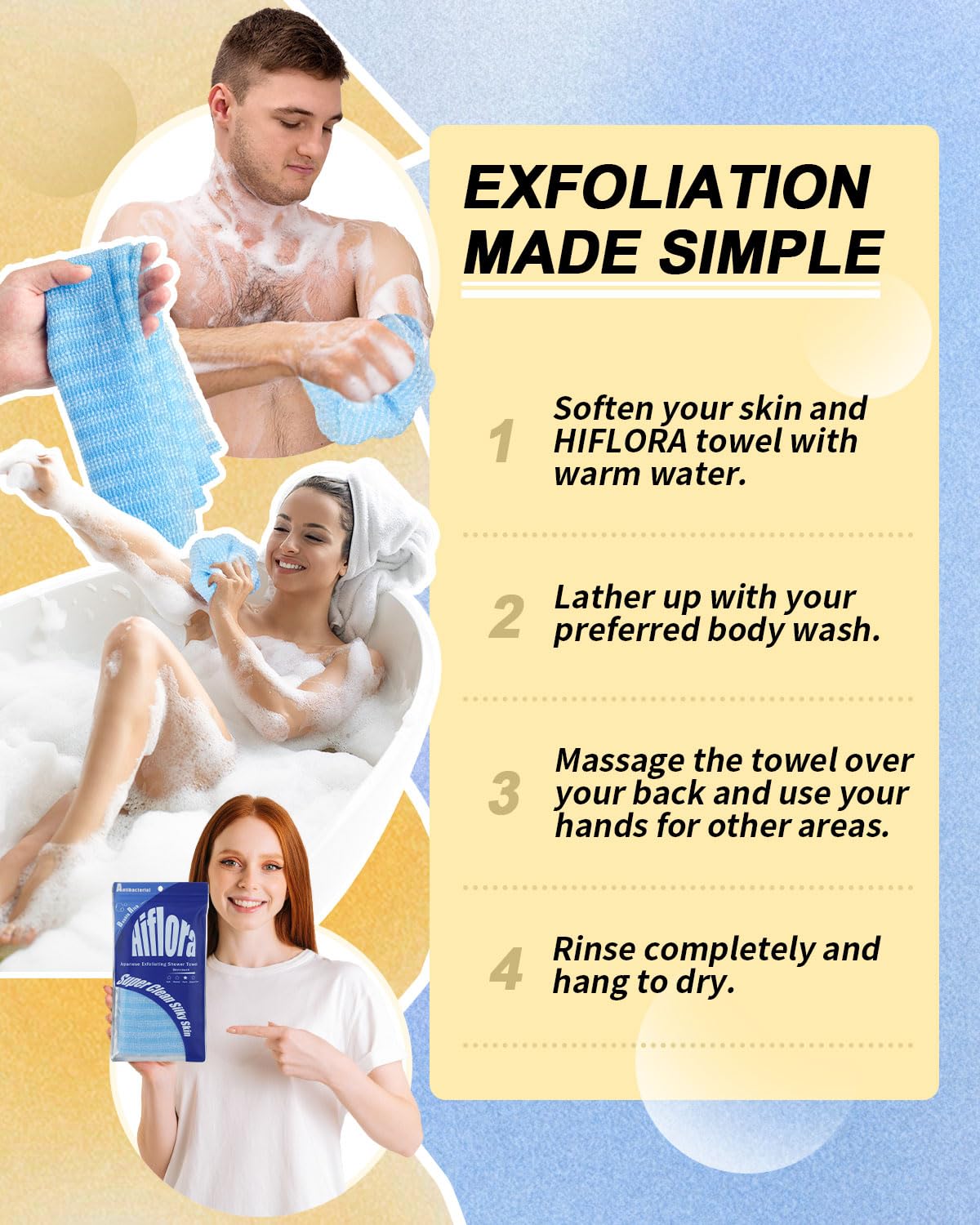 3 Pack Back Exfoliator for Shower and Dead Skin Removal, Exfoliating Body Scrubber for Smooth Skin Japan Washcloth for Shower & Bath, Versatile Body Scrub Towel