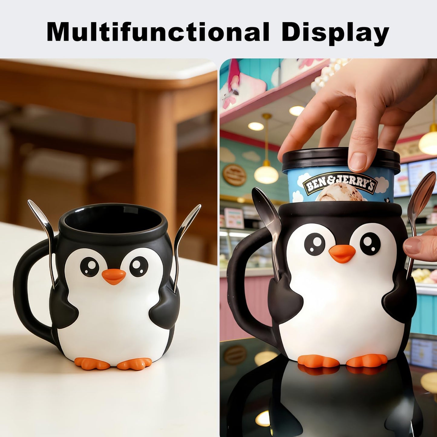 LDJDSDS Ice Cream Pint Holder, Insulated Ice Cream Holder Sleeves for 16 oz Pints with Spoon Slots & Hidden Snack Drawer, Leak Proof Popsicle Cooler Container Cozy, Gifts for Animal Lovers (Penguin)