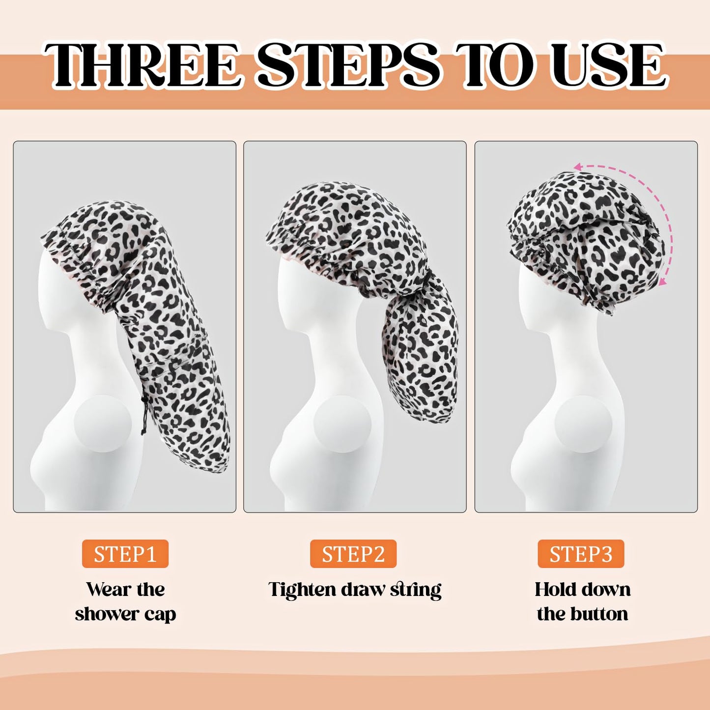 2 Pcs Large Shower Cap for Braids, Extra Long Shower Cap for Women Long Hair & Locs, Waterproof Hair Bonnets for Dreadlocks Drawstring Bath Caps for Women & Men (Black, Cow Print)
