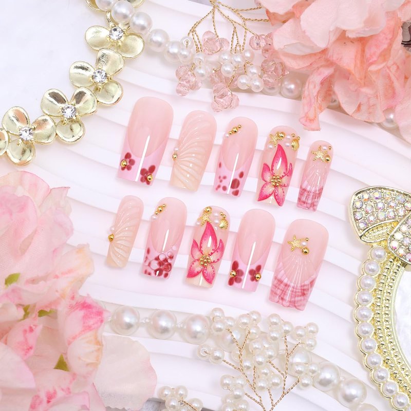 Skiennix 24Pcs Press-On Nails | Long Square Design with 3D Pink Flowers & Rhinestones