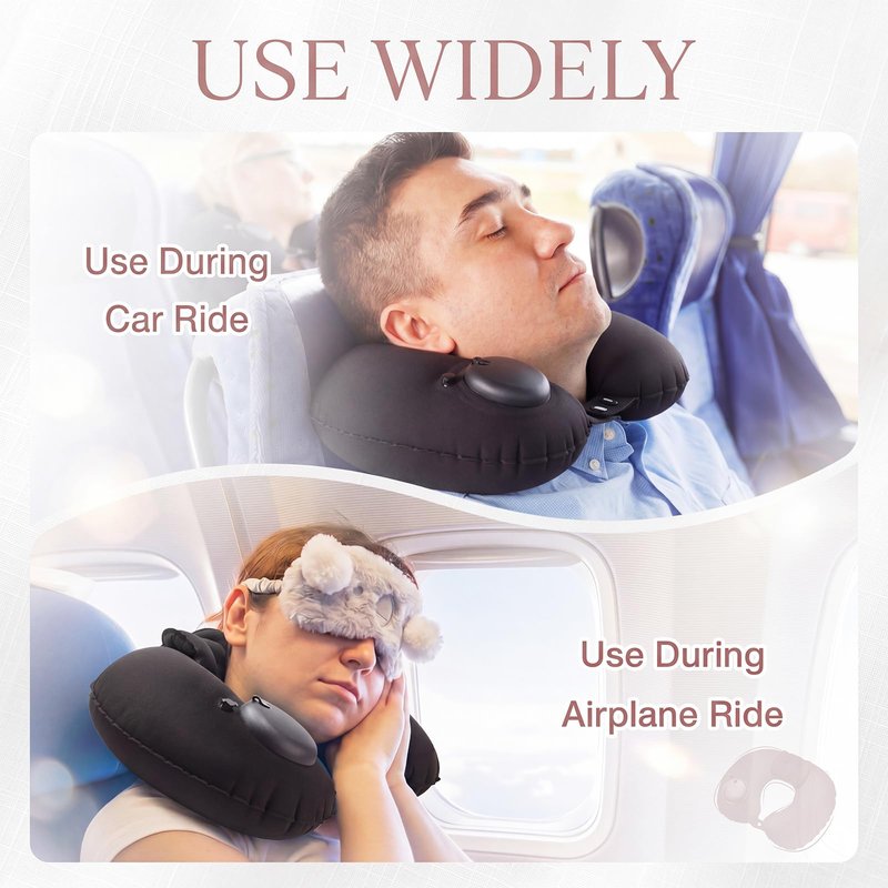 Colingmill 2 Pcs Inflatable Bath Pillows for Tub, U-Shaped Neck & Head Support Cushion, Portable Blow Up Travel Neck Pillow with Adjustable Button for Airplanes & Home Spa (Black)