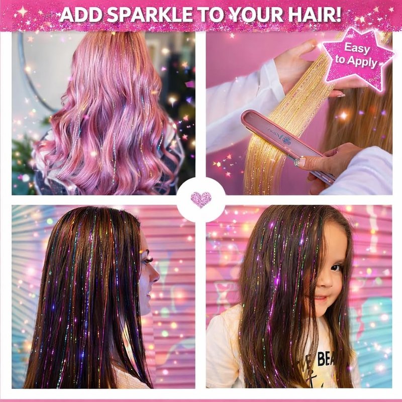 Hair Tinsel Kit, Fairy Tinsel Hair Extensions With Tool 6000 Strands 18 Colors Holographic Heat Resistant Sparkling Hair Glitter for Christmas New Year Party (48 Inch)