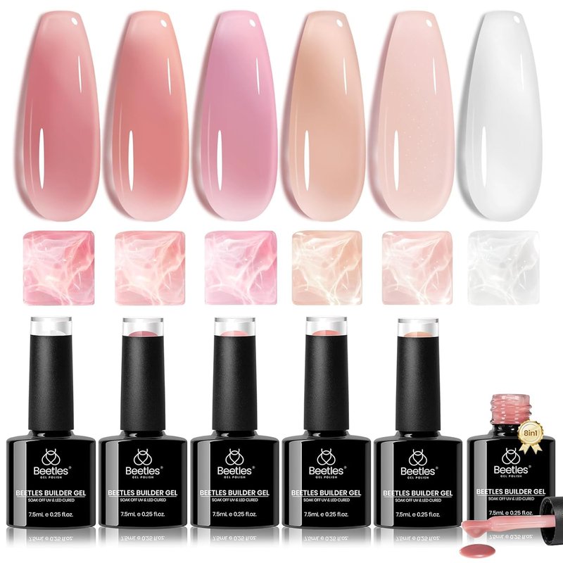 Beetles Builder Gel Set - 6 Colors Jelly Clear Pink & Nude | 8-in-1 Nail Extension & Thickening Gel for Beginners