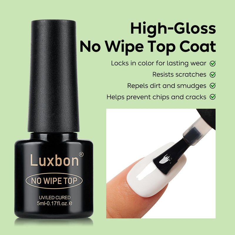Luxbon Gel Nail Set - 6 Pcs No Wipe Top & Base Coats with Cuticle Oil & Matte Finish | Long Lasting Shine