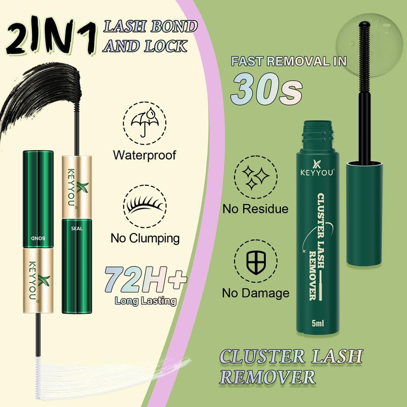 KEYYOU Angel Lash Clusters Kit, 8-18mm Mix D Curl Wispy Natural Eyelash Clusters with Bond, Seal and Tweezers for DIY Eyelash Extension at Home(Lash Kit-Angel A02)