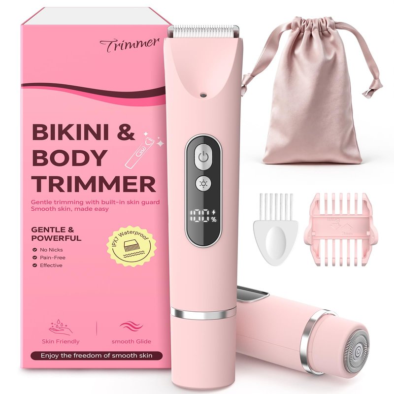CoolHair Bikini Trimmer for Women, Hair Removal Epilators, Smooth Electric Razor for Sensitive Skin, IPX7 Waterproof Wet & Dry Cordless Body Shaver for Bikini Area, Pubic Hair, Underarms & Legs (Pink)