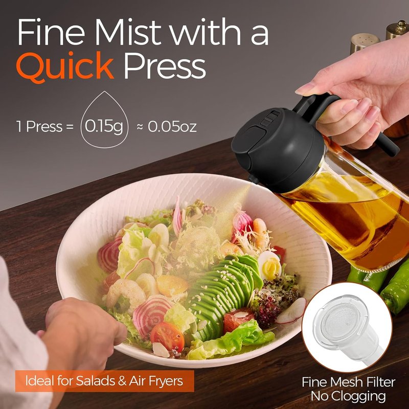 Glass Olive Oil Sprayer - 16oz Food Grade Spray Bottle for Cooking | Premium 2-in-1 Dispenser for Salad, Frying, BBQ (Black)