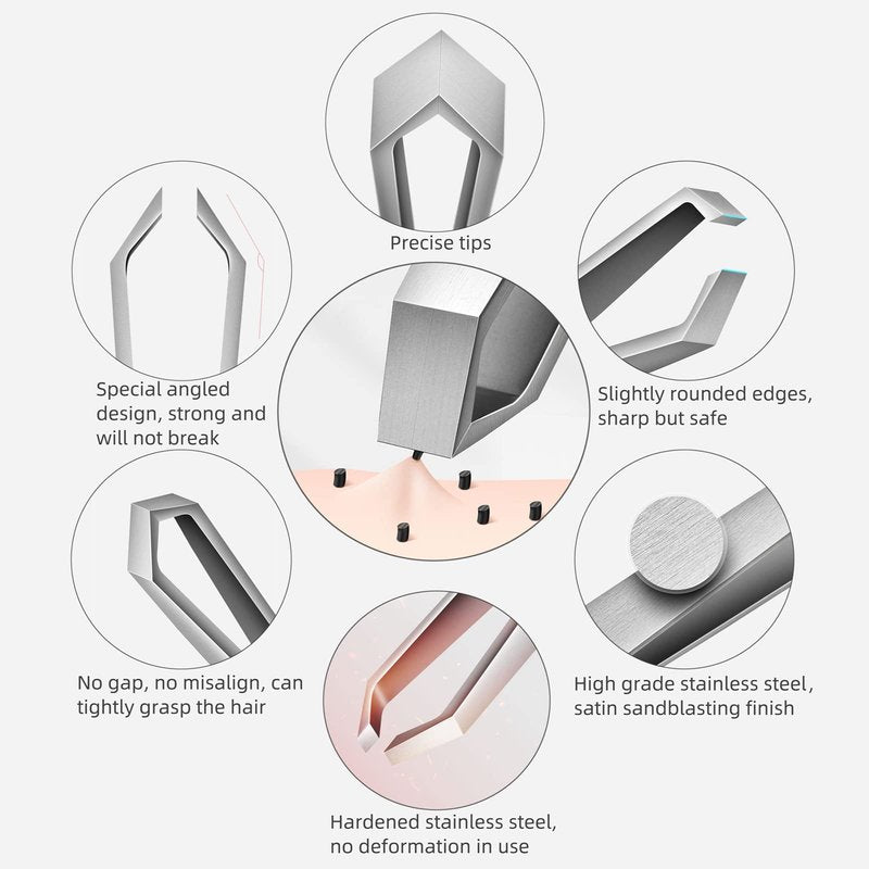 AUSOMTEK Beard & Hair Plucking Tweezers, Fine Eyebrow Tool, Stainless Steel, 10mm Tip, Anti-Slip Slot Design, Cyan PU Case