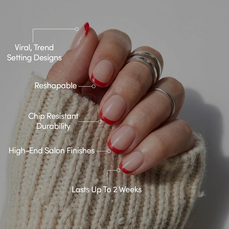 Glamnetic Press On Nails - Hotline Red | Super Short Fake Nails in Fiery Red French Tips on Semi-Transparent Base in a Glazed Finish | 15 Sizes - 30 Nail Kit with Glue
