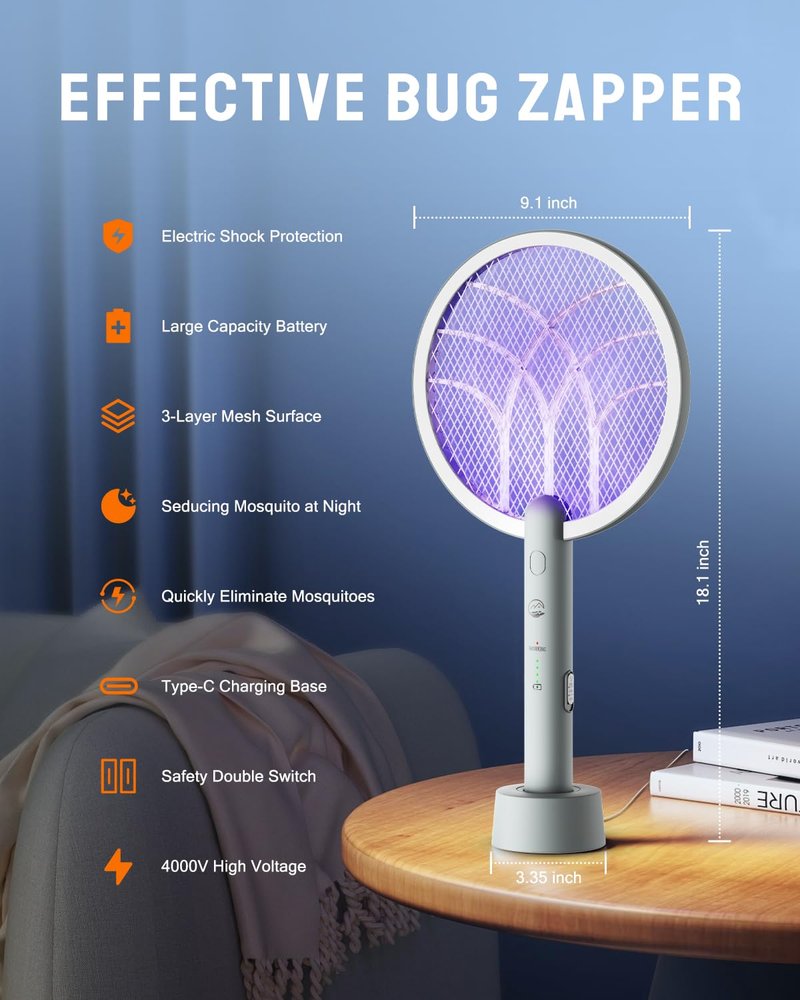 Mosiller Electric Fly Swatter Racket, 4000V Bug Zapper with 1800mah Rechargeable Battery & Dual Modes, 2 in 1 Purple Mosquito Light Killer with 3-Layer Safety Mesh for Indoor Home Patio Camp(1 Pack)