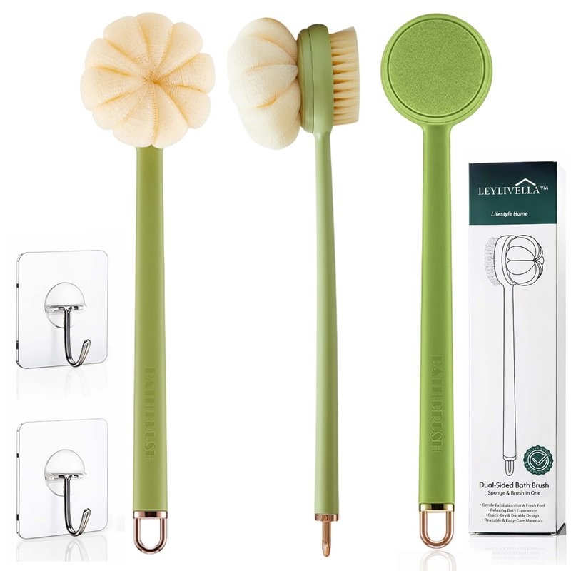 Back Scrubber for Shower with Long Handle (15.7”) – Dual-Sided Bath Brush with Loofah Sponge, Replaceable Heads, Easy Reach for Back & Body, Includes 2 Wall Hooks
