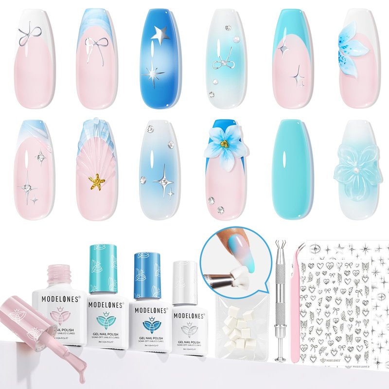 modelones Gel Nail Polish Kit White French Jelly Pink Winter Blue Ocean Gel Polish Set with 10 Pcs Nails Sponge for Ombre & Stickers, 4 Colors Gel Mini Salon Home DIY Trend Manicure Gift for Women