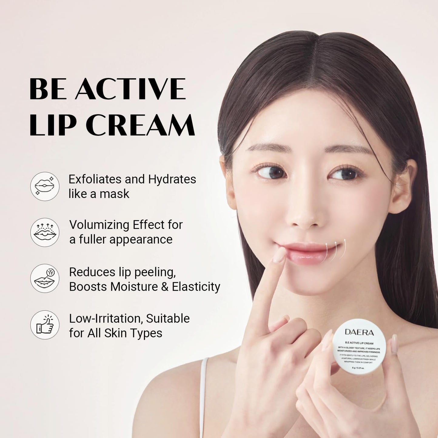 Daera B.E Active Lip Cream 6g, Hydrating, Moisturizing and Plumping Korean Overnight Sleeping Mask for Dry Lips, Glossy Finish, Natural Ingredients, Non-Irritating, Gentle for Sensitive Skin