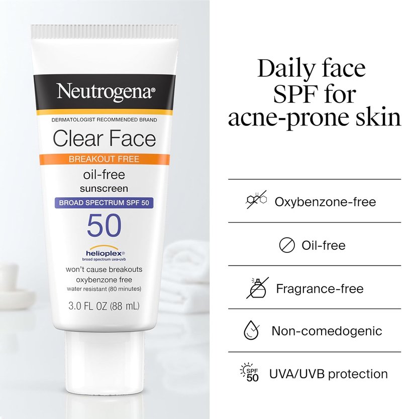 Neutrogena Clear Face Sunscreen Lotion - SPF 50 for Acne-Prone Skin | Oil-Free, Matte Finish, 3 Fl Oz