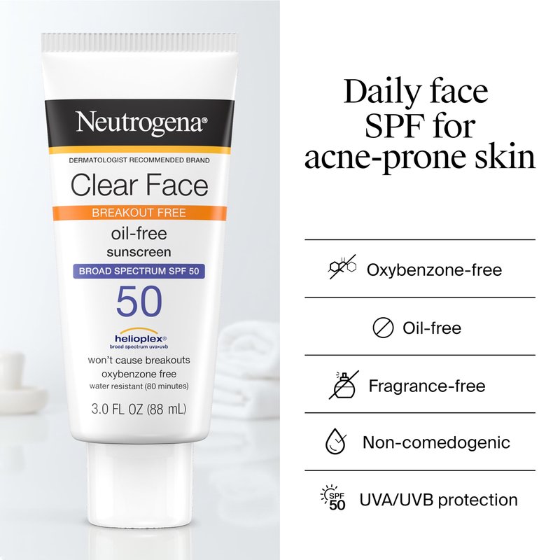 Neutrogena Clear Face Sunscreen Lotion for Acne-Prone Skin, Broad Spectrum SPF 50, Sunscreen for Face & Oily Skin, Oil-,Fragrance- & Oxybenzone-Free, Water Resistant, Matte, Unscented, 3 Fl Oz