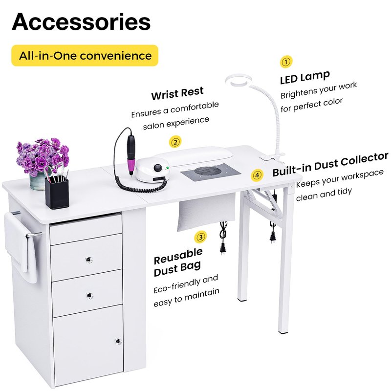 Foldable Nail Table with Dust Collector, Manicure Desk for Nail Tech, with LED Lamp, Wrist Rest, Rolling Nail Table for Salon, Home Beauty Workstation, Compact Nail Station with Storage (White)