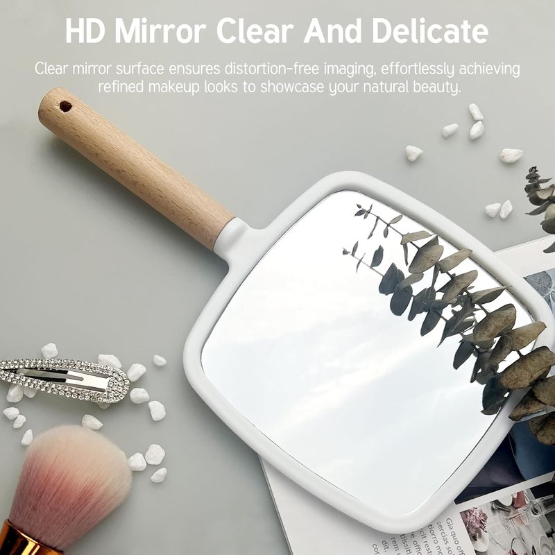 Handheld Makeup Mirror - Portable Wooden Handle Travel Mirror | Square Single-Sided Design for Men & Women