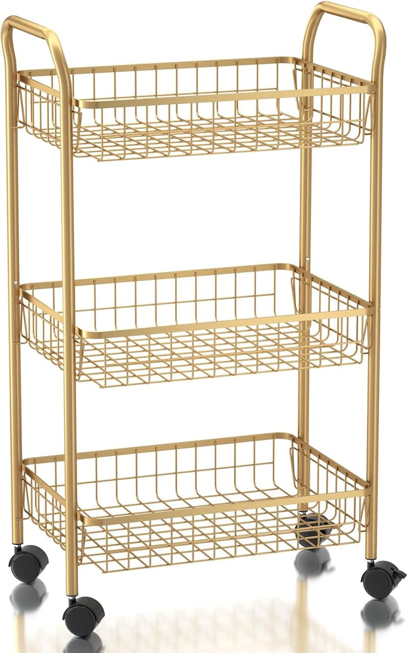 3 Tier Rolling Utility Cart - Versatile Storage Trolley with Wheels for Kitchen, Office & Salon | Gold Finish